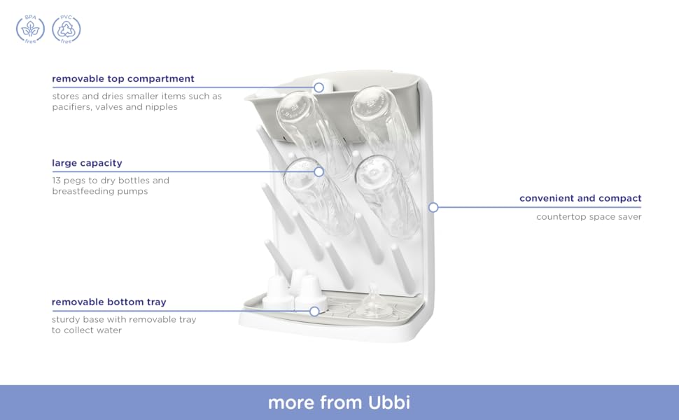 a list of features of the Ubbi vertical bottle drying rack