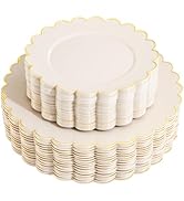 LIYH 60pcs Plastic Ivory and Gold Scalloped Plates - Disposable Fancy Combo Plates Includes 30 Di...