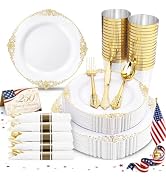 Nervure 350PCS Gold Plastic Plates - Gold Plastic Dinnerware Sets for 50 Guests - 100 Disposable ...
