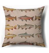 KDHTY Vintage Fishing Trout Fish Throw Pillow Covers 18x18, Fishing Nursery Decor Pillowcase for ...