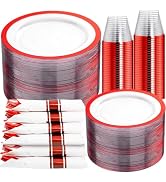 I00000 350 Pcs Clear and Red Plastic Plates, Disposable Dinnerware Set, Include 50 Dinner Plates ...