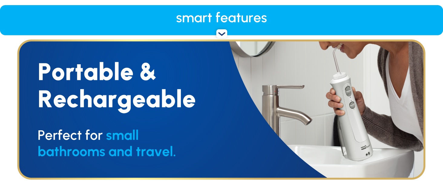 Image of Waterpik flosser and reservoir with text reading portable & rechargeable.