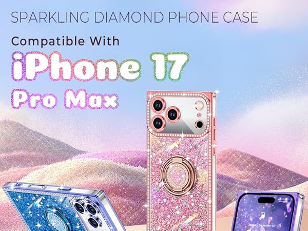 XYZ for iPhone 17 Pro Max Case, Glitter Bling Phone Cover with 2-Ring Heart Stand & Lanyard