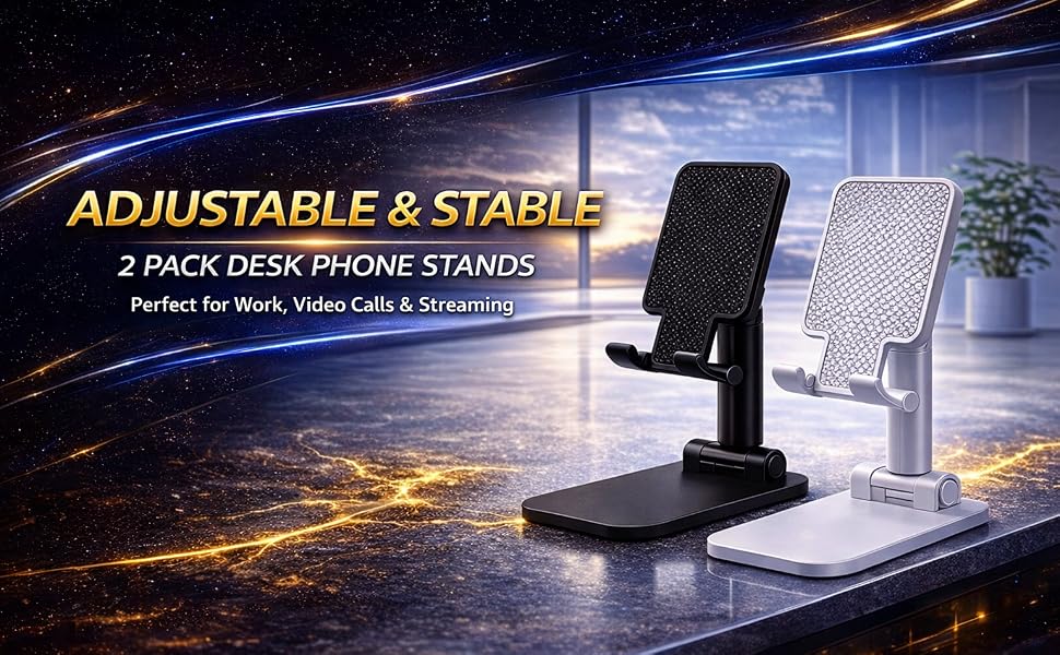 Adjustable desk phone stand black and white 2 pack, foldable mobile holder with silicone pads