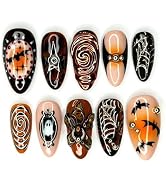 Halloween Gothic Press On Nails Medium Almond Acrylic Fake Nails Bat Ghost Spider Web Star Swirl ...