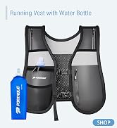 Running vest with adjustable straps, mesh panels, and a water bottle holder. Includes a blue Portaclic water bottle. Designed for hydration during exercise.
