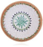Shellac Rattan Tray with Mother of Pearl Inlay, Round Decorative Serving Tray for Home Décor Coff...