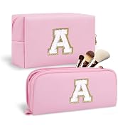 2Pack Personalized Initial Letter Patch Makeup Bag,Pink Cute Preppy Cosmetic Bag with Small Makeu...
