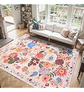 Pink/Beige Washable Area Rug 8x10, Large Soft Rugs for Living Room Floral Carpet 8x10 Area Rugs f...