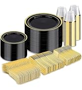 BESTVIP 600PCS Black Gold Dinnerware Set for 100 Guests, Plastic Plates for Halloween Party and C...