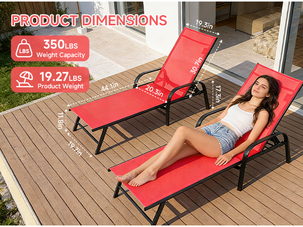 Chaise Lounge Chair, 5 Adjustable Beach Lounge Recliner Chair with Armrests, Outdoor