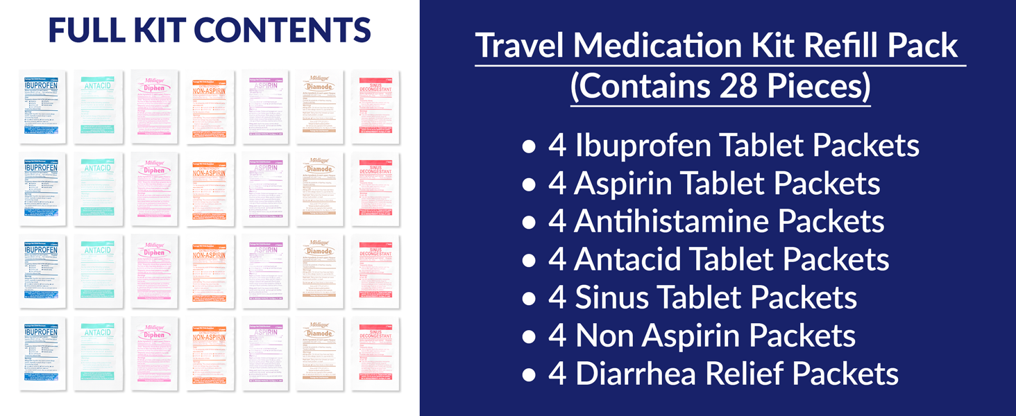 travel medication kit refill pack 28 pieces ibuprofen antacid diphen non aspirin sinus relief