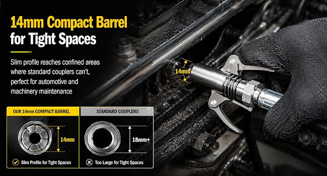 14mm 6-claw grease gun coupler reaching tight machinery spaces for precise automotive maintenance