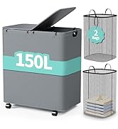Yecaye 150L Laundry Hamper with Wheels, Rolling Laundry Basket with Lid and 2 Removable Laundry B...