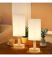 Small Bedside Table Lamps for Bedroom Set of 2,Natural Round Wood Base&Fabric Linen Shade,Cozy Ni...