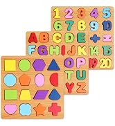 Alphabet Wooden Puzzles for Toddlers 3-5, Pack of 3 ABC, Number and Shape Puzzle, Preschool Educa...