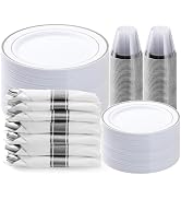 BESTVIP 350PCS Silver Plastic Dinnerware Set, Disposable Party Plates for 50 Guests, Include: 100...