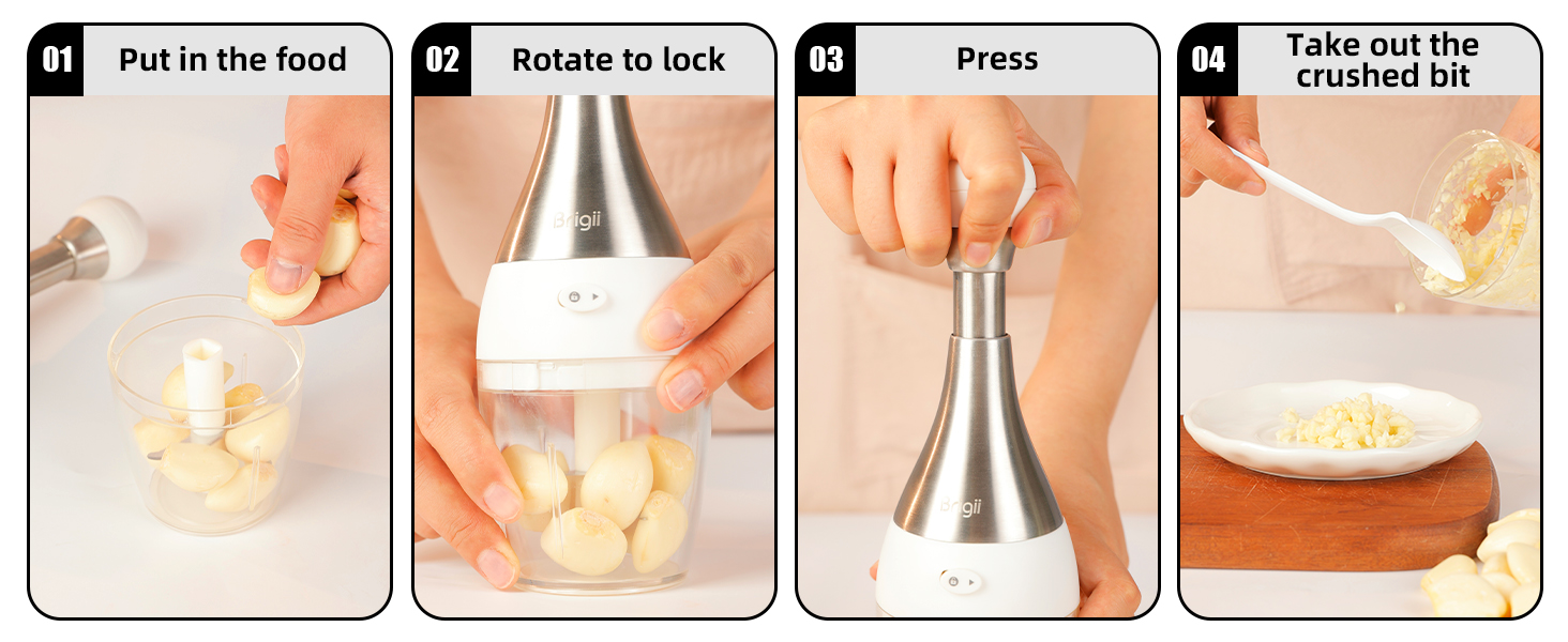 Put in the food,Rotate to lock,Press,Take out the crushed bit