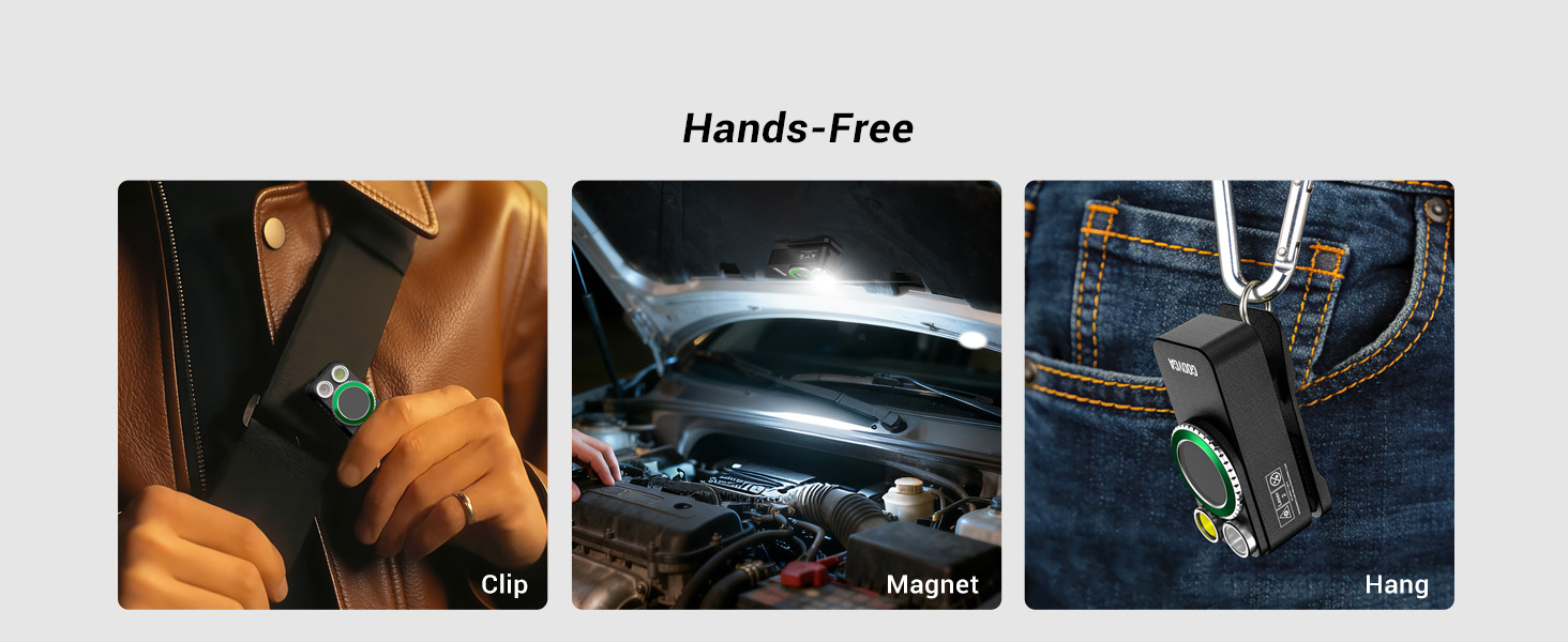 agnetic base, pocket clip, and lanyard hole for hands-free use on metal, hats, belts, or hanging.