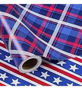 LeZakaa Patriotic Wrapping Paper Roll, Red White Blue Stars and Stripes Gift Wrap with Plaid Reve...
