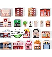 20 Pc Wooden City Play Set - Wooden Town Buildings and Street Signs for Play Mats, Toy Trains and...