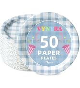 Vyntra Light Blue Gingham 7 Inch Round Paper Plates, 50 Count Heavy Duty Microwave Safe Disposabl...