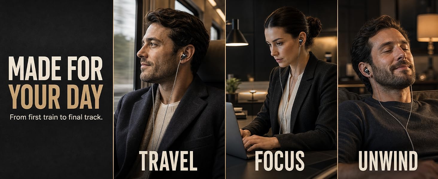 Three people wearing earphones while traveling, working, and relaxing