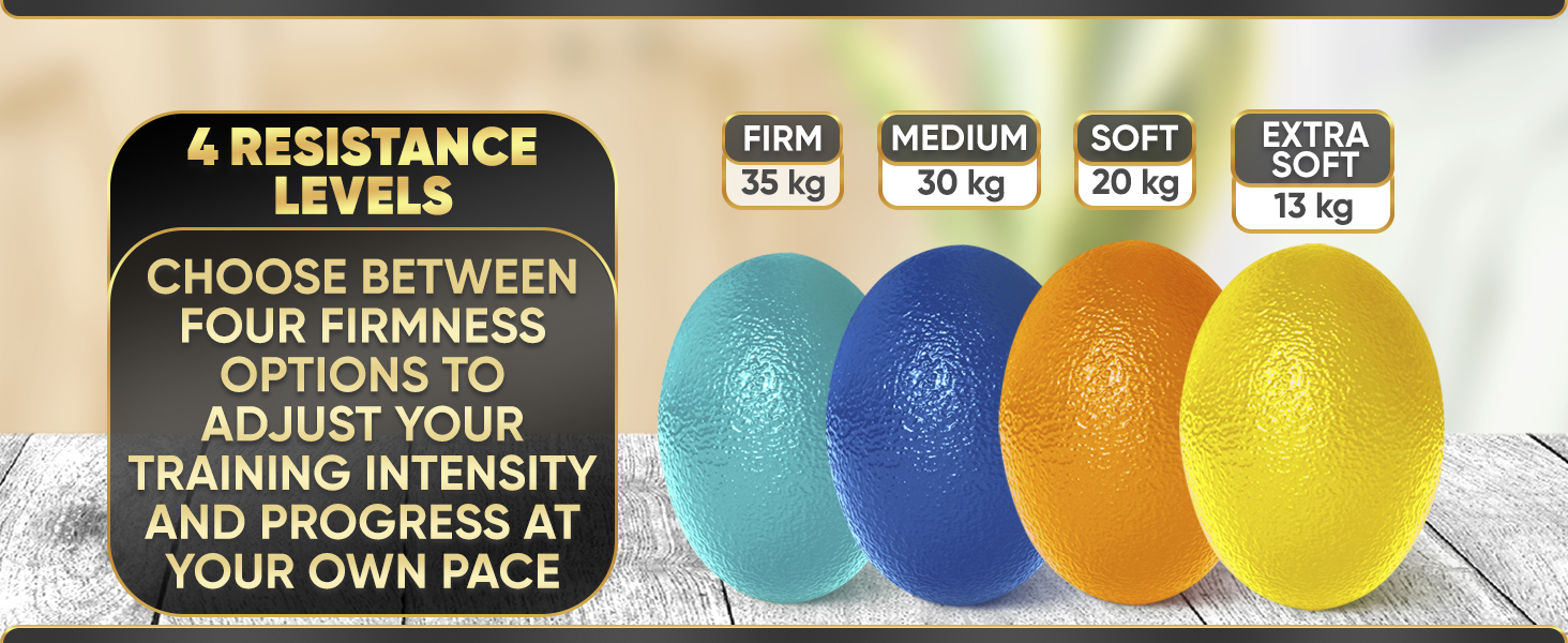 Four resistance levels of hand therapy balls for progressive strength training.