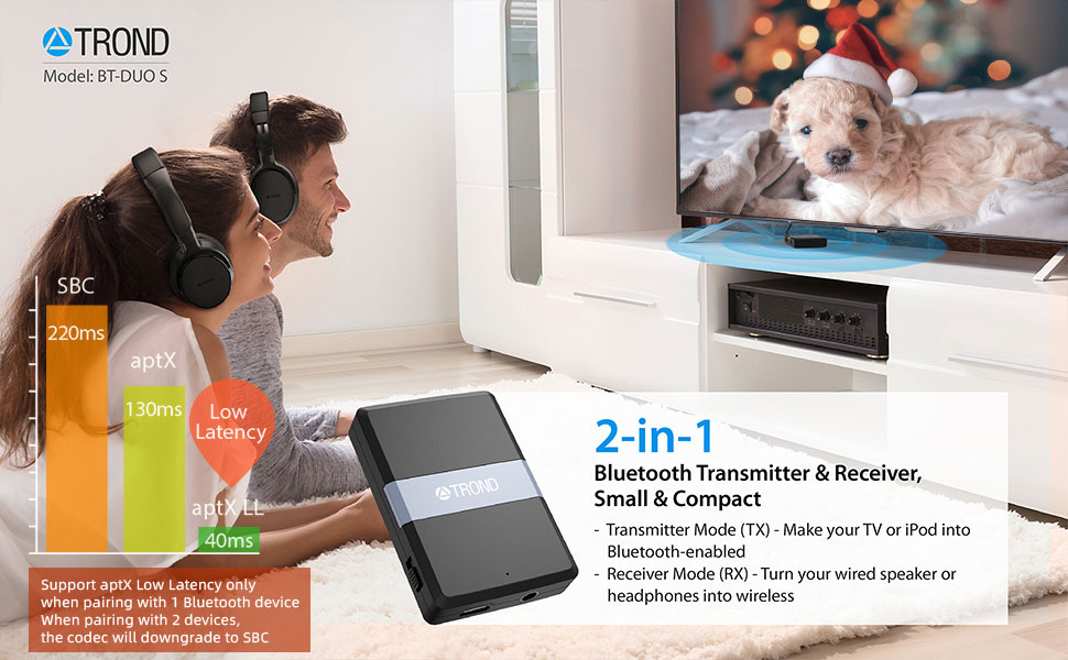 TROND 2-in-1 Bluetooth transmitter receiver for TV headphones 3.5mm RCA audio