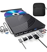 External CD/DVD Drive for Laptop, Ultra Slim CD Burner USB 3.0 Hub with 4 USB Ports, 2 TF/SD Card...