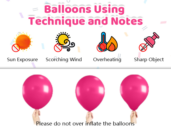 Safety warning diagram for balloon handling showing four icons: sun exposure, scorching wind, overheating, and sharp objects, followed by three pink balloons with handling demonstration.