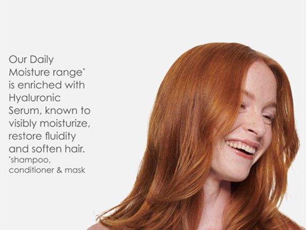 Smiling woman with healthy-looking red hair, next to text about Hyaluronic Serum and its benefits.