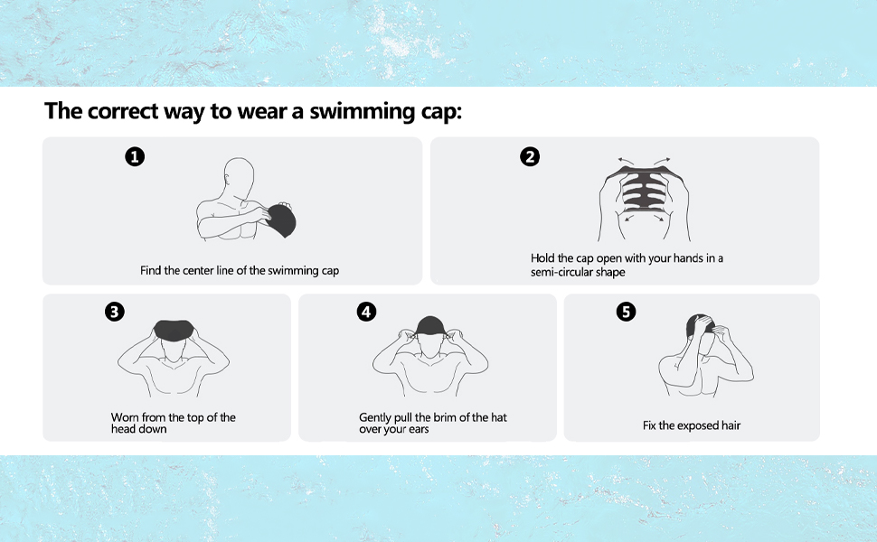 Diagram showing swim cap size dimensions and step-by-step instructions for proper wearing