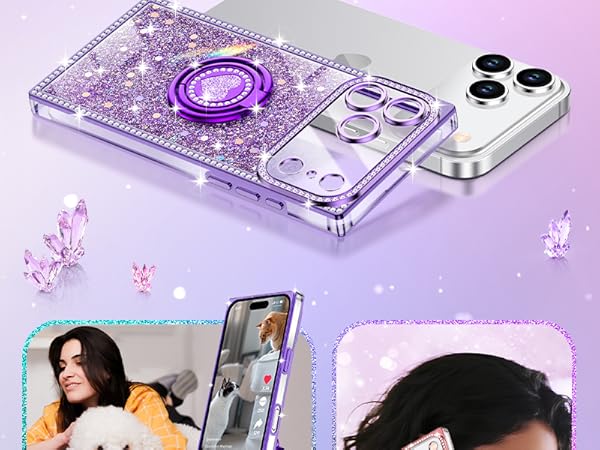 XYZ for iPhone 17 Pro max Case, Glitter Bling Phone Cover with 2-Ring Heart Stand & Lanyard