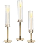 Gold Hurricane Candle Holders- 3 PCS Glass Fluted Candle Holder Set Taper Tall Ribbed Cylinder Ca...