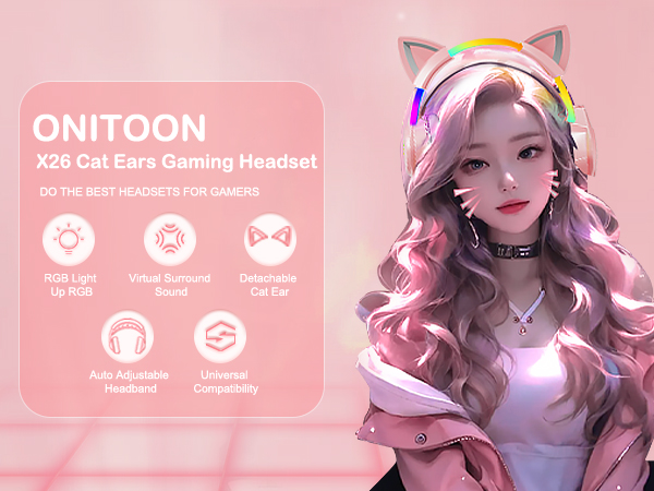 Onitoon omotoon cat ears gaming headset X26 Pink