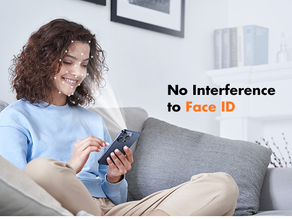 Person using a smartphone while sitting on a gray couch. Text overlay reads 'No Interference to Face ID'.