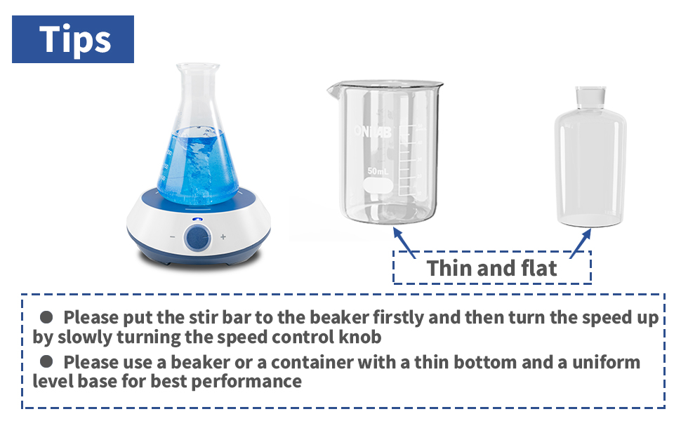 Text reads 'Tips' with instructions about stir bar usage. Shows blue conical flask and clear containers labeled 'Thin and flat'.