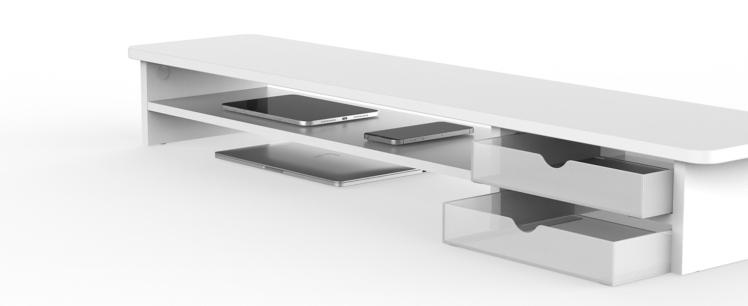 Monitor stand is equipped with dual-layer storage space and 2 convenient sliding acrylic drawers