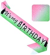 BAHABY It's My Birthday Sash Pink and Green Glitter Sash with Black Foil Witch Birthday Party Dec...