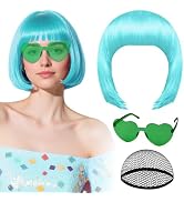 PLULON Cyan Bob Wig with Heart Sunglasses and Hair Cap for Women, Short Bob Wigs Synthetic Colore...