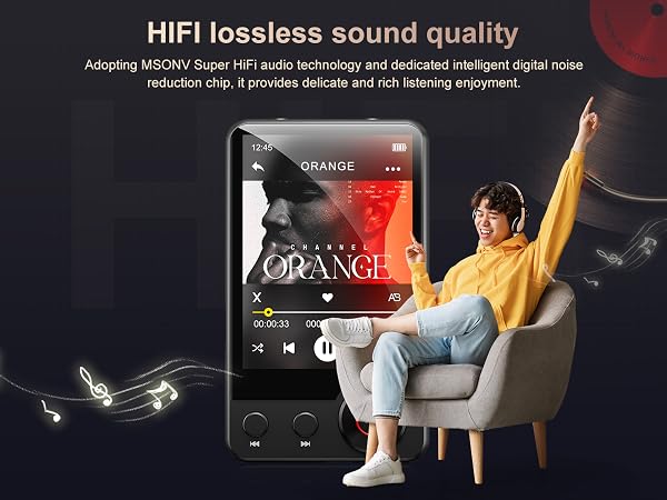 HiFi lossless sound quality device showcasing MSOIN/Super HiFi audio technology. Image displays a person enjoying music on a digital player with album art visible.