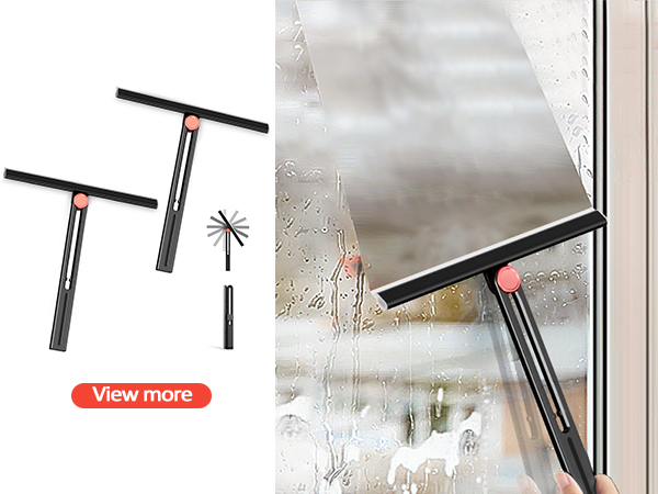 Several views showing the use of a glass cleaning tool with a telescoping handle and squeegee attachment, with a 'View more' button visible in one panel.