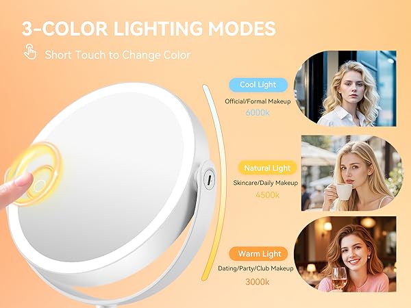 3-color mirror, cool light for office, natural light for daily makeup, warm light for dating/party