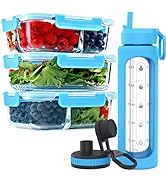 FIT Strong & Healthy 1, 2 & 3 Compartment Glass Meal Prep Containers (3 Pack, 35 oz) and 32 oz Gl...