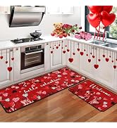 Yovirinto Red Love Heart Valentine's Day Kitchen Rugs Set of 2, Valentine's Anniversary Wedding H...