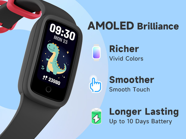 Text reads 'AMOLED Brilliance', 'Vivid Colors', 'Smoother', 'Smooth Touch', 'Longer Lasting', 'Up to 10 Days battery'. Smart watch display features showing interface with bright colors and battery life indicators.