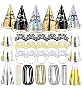 Auihiay 90 PCS New Years Eve Party Supplies - Includes Cone Hats, Glitter Tiaras, Squawkers, Horn...