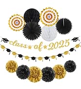Black Gold Party-Decoration Graduation Banner - 14pcs Kits Cap Garland Streamers, Paper Tissue Po...