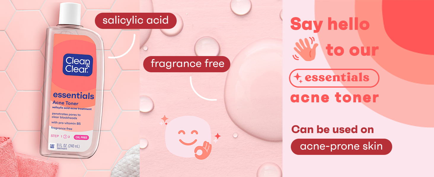 Clean & Clear Acne Toner on coral colored background with smiley next to product bubbles